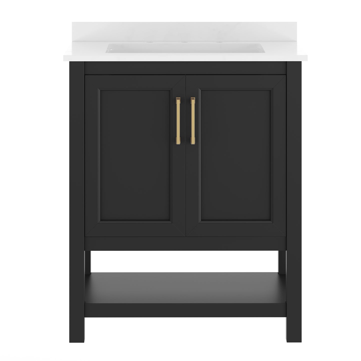 Vega 30" Bathroom Vanity with Sink, Storage Cabinet with Soft Close Doors & Open Shelf, Carrara Marble Finish Counter & Gold Hardware, Black/White Black Frame/Gold Hardware