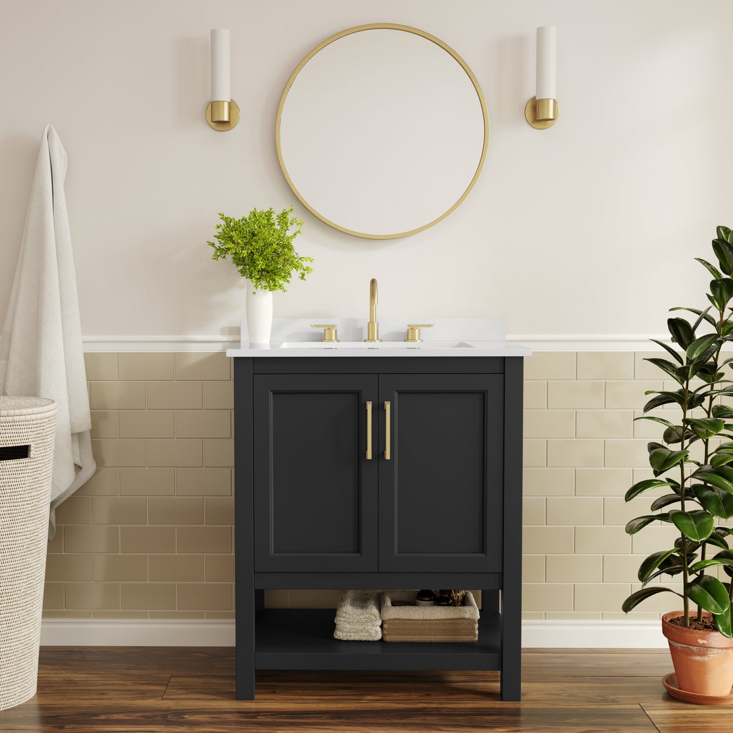 Vega 30" Bathroom Vanity with Sink, Storage Cabinet with Soft Close Doors & Open Shelf, Carrara Marble Finish Counter & Gold Hardware, Black/White Black Frame/Gold Hardware