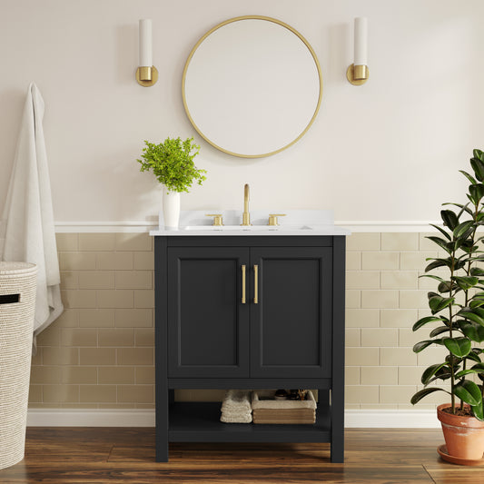 Vega 30" Bathroom Vanity with Sink, Storage Cabinet with Soft Close Doors & Open Shelf, Carrara Marble Finish Counter & Gold Hardware, Black/White Black Frame/Gold Hardware FS-VEGA30-BK-HDGLD-GG