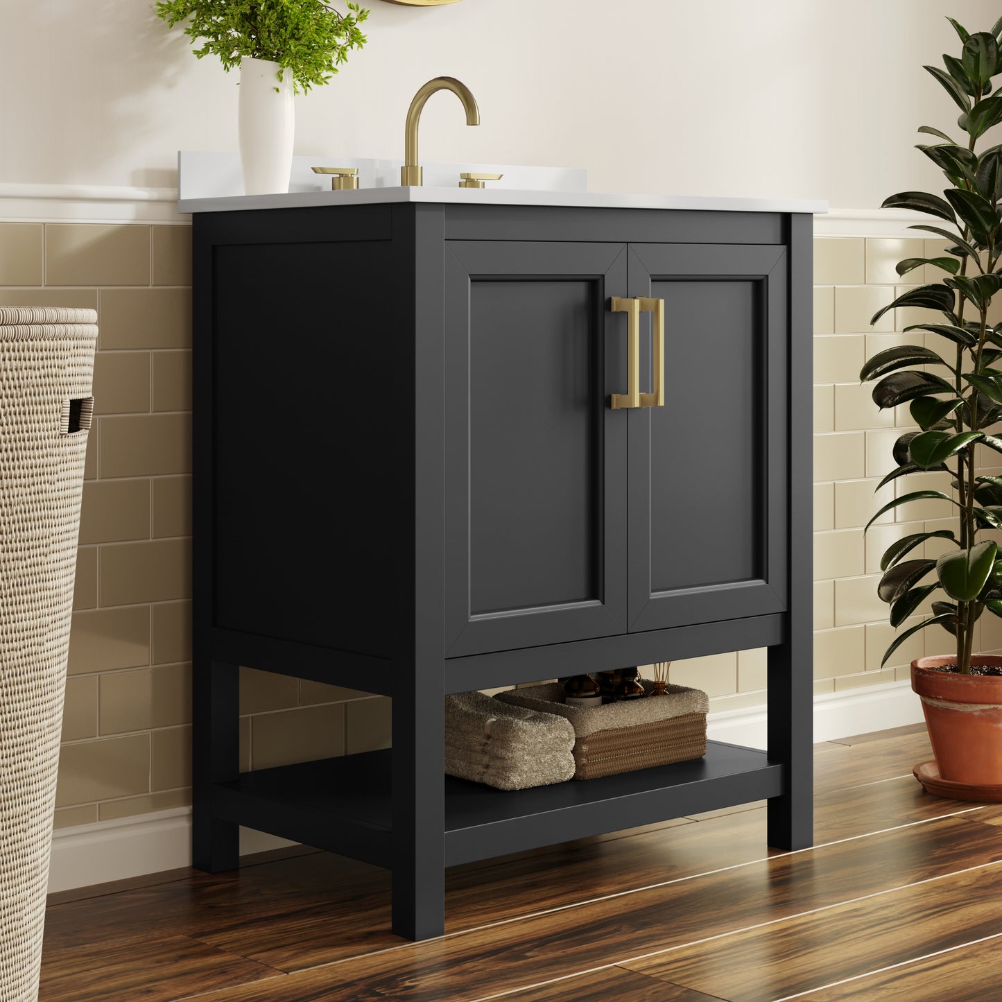Vega 30" Bathroom Vanity with Sink, Storage Cabinet with Soft Close Doors & Open Shelf, Carrara Marble Finish Counter & Gold Hardware, Black/White Black Frame/Gold Hardware