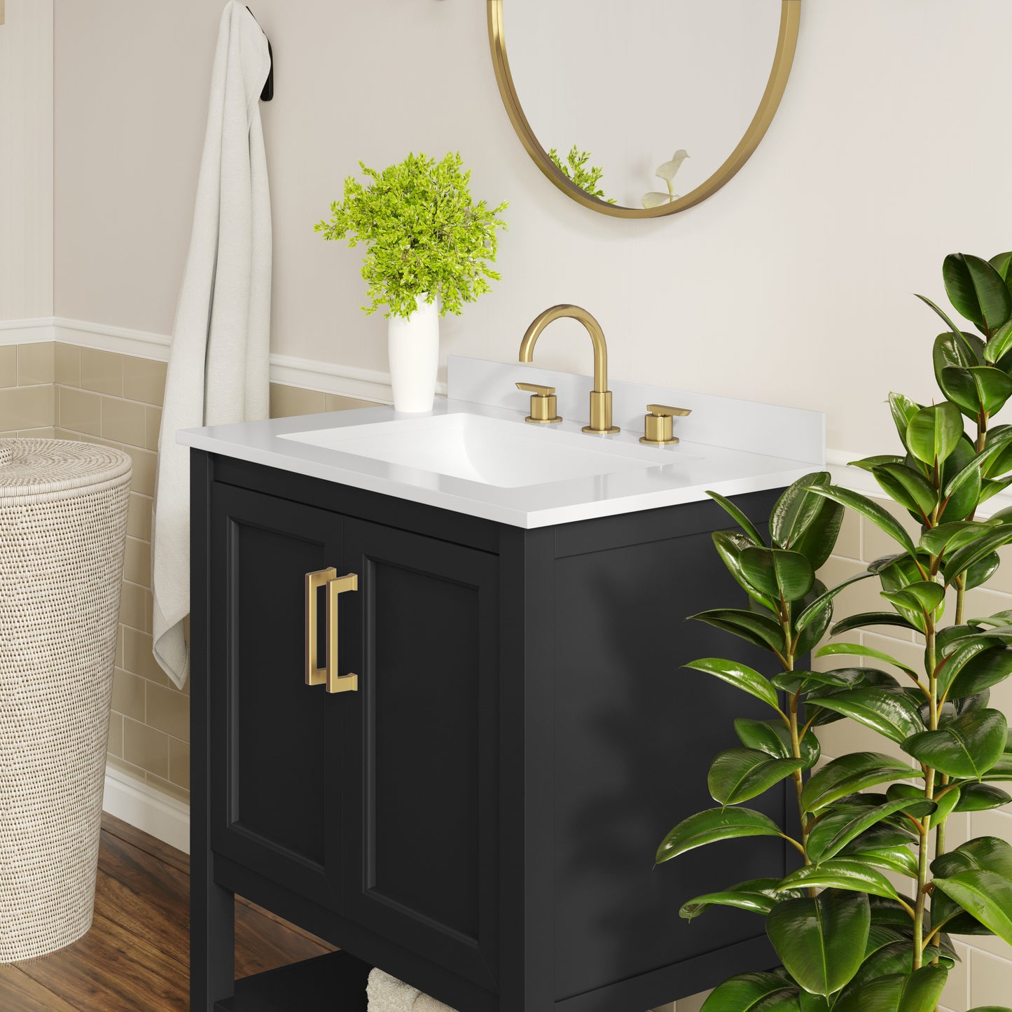 Vega 30" Bathroom Vanity with Sink, Storage Cabinet with Soft Close Doors & Open Shelf, Carrara Marble Finish Counter & Gold Hardware, Black/White Black Frame/Gold Hardware