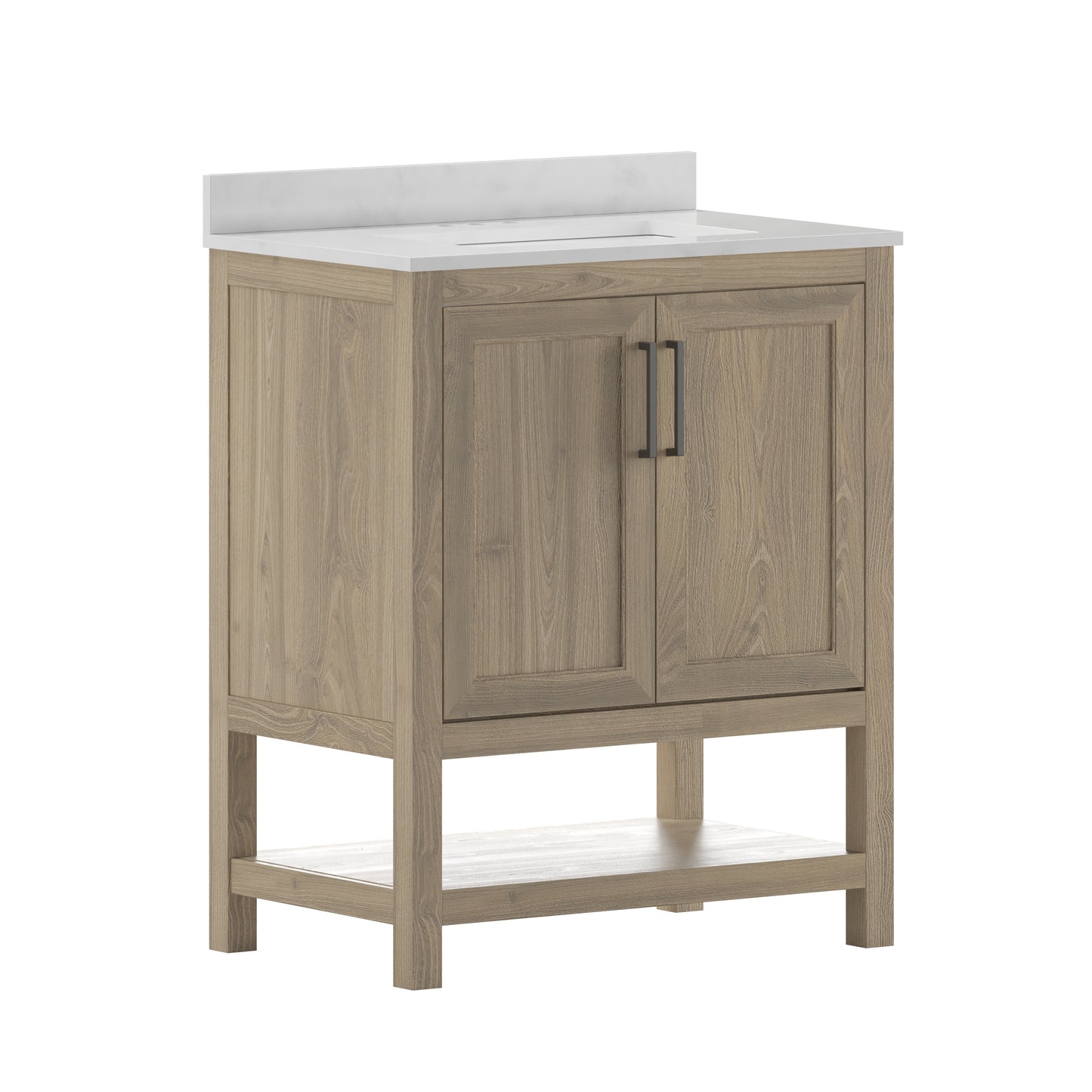 Vega 30 Inch Bathroom Vanity with Sink Combo, Storage Cabinet with Soft Close Doors and Open Shelf, Carrara Marble Finish Countertop, Brown/White Brown