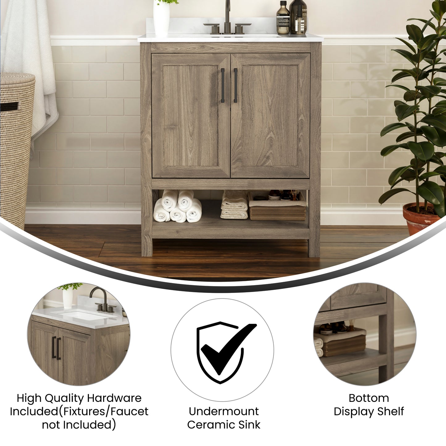 Vega 30 Inch Bathroom Vanity with Sink Combo, Storage Cabinet with Soft Close Doors and Open Shelf, Carrara Marble Finish Countertop, Brown/White Brown