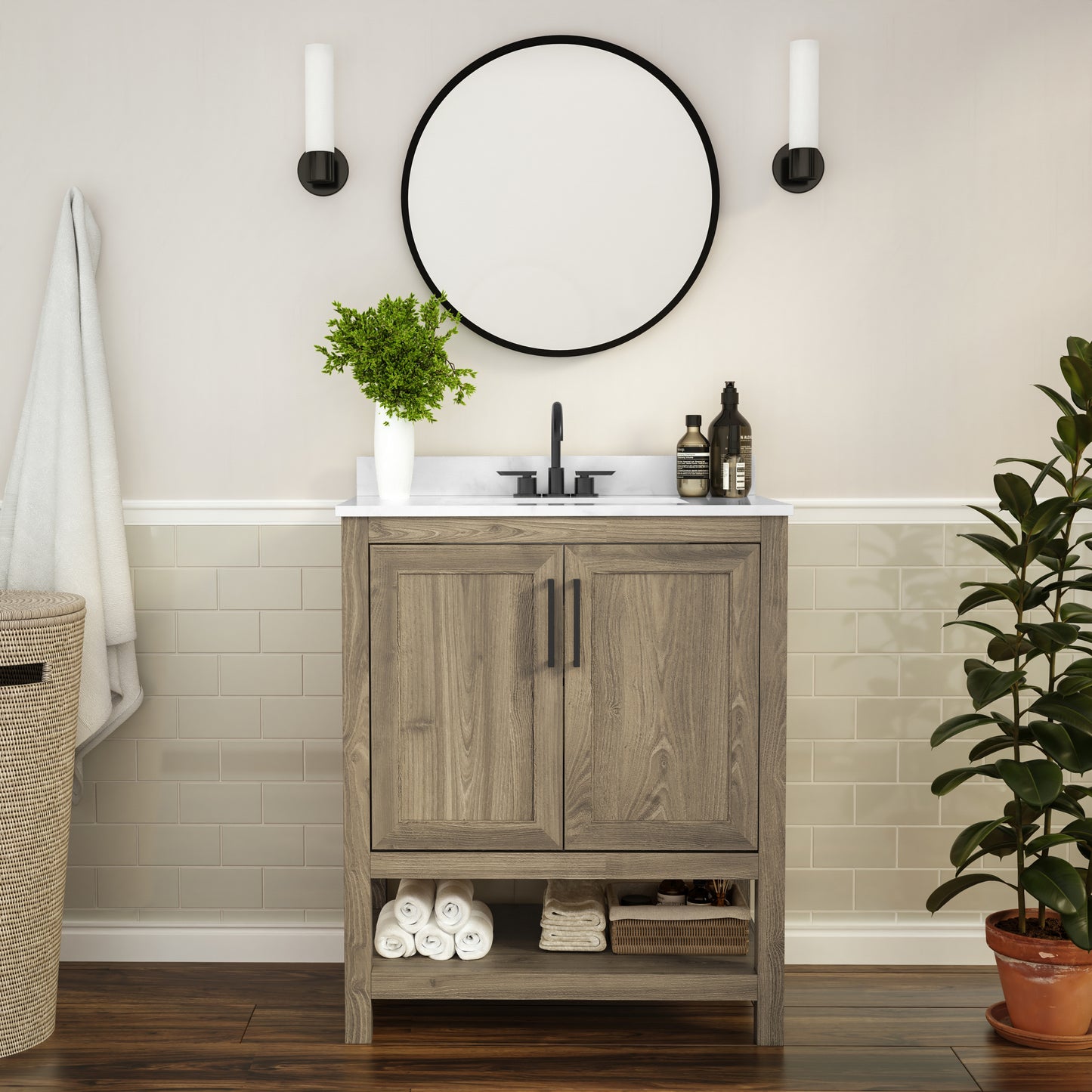 Vega 30 Inch Bathroom Vanity with Sink Combo, Storage Cabinet with Soft Close Doors and Open Shelf, Carrara Marble Finish Countertop, Brown/White Brown