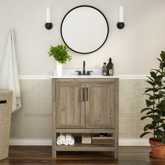 Vega 30 Inch Bathroom Vanity with Sink Combo, Storage Cabinet with Soft Close Doors and Open Shelf, Carrara Marble Finish Countertop, Brown/White Brown FS-VEGA30-BR-GG