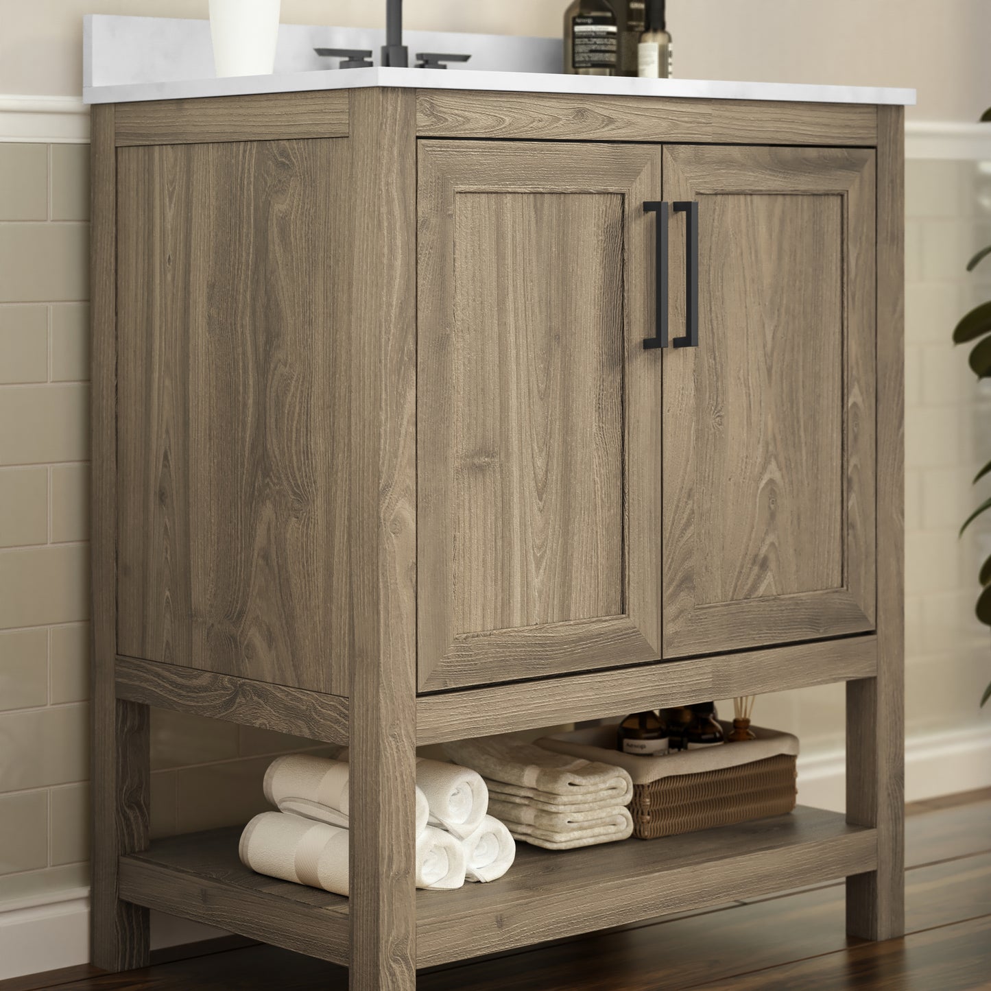 Vega 30 Inch Bathroom Vanity with Sink Combo, Storage Cabinet with Soft Close Doors and Open Shelf, Carrara Marble Finish Countertop, Brown/White Brown