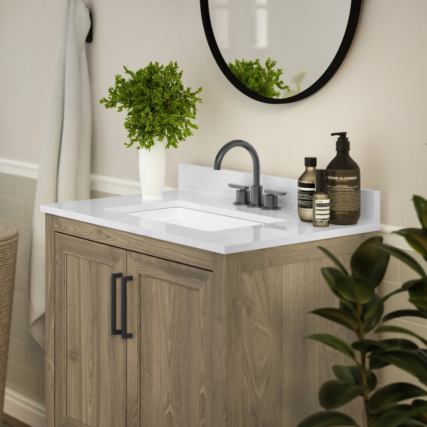 Vega 30 Inch Bathroom Vanity with Sink Combo, Storage Cabinet with Soft Close Doors and Open Shelf, Carrara Marble Finish Countertop, Brown/White Brown