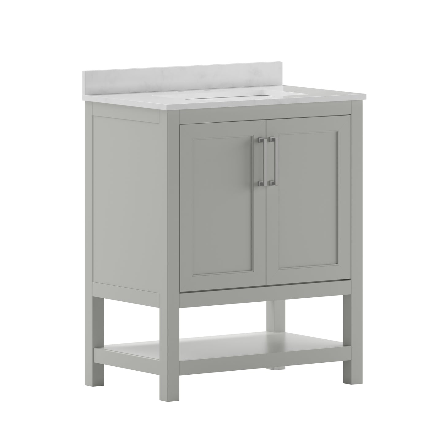 Vega 30 Inch Bathroom Vanity with Sink Combo, Storage Cabinet with Soft Close Doors and Open Shelf, Carrara Marble Finish Countertop, Gray/White Gray