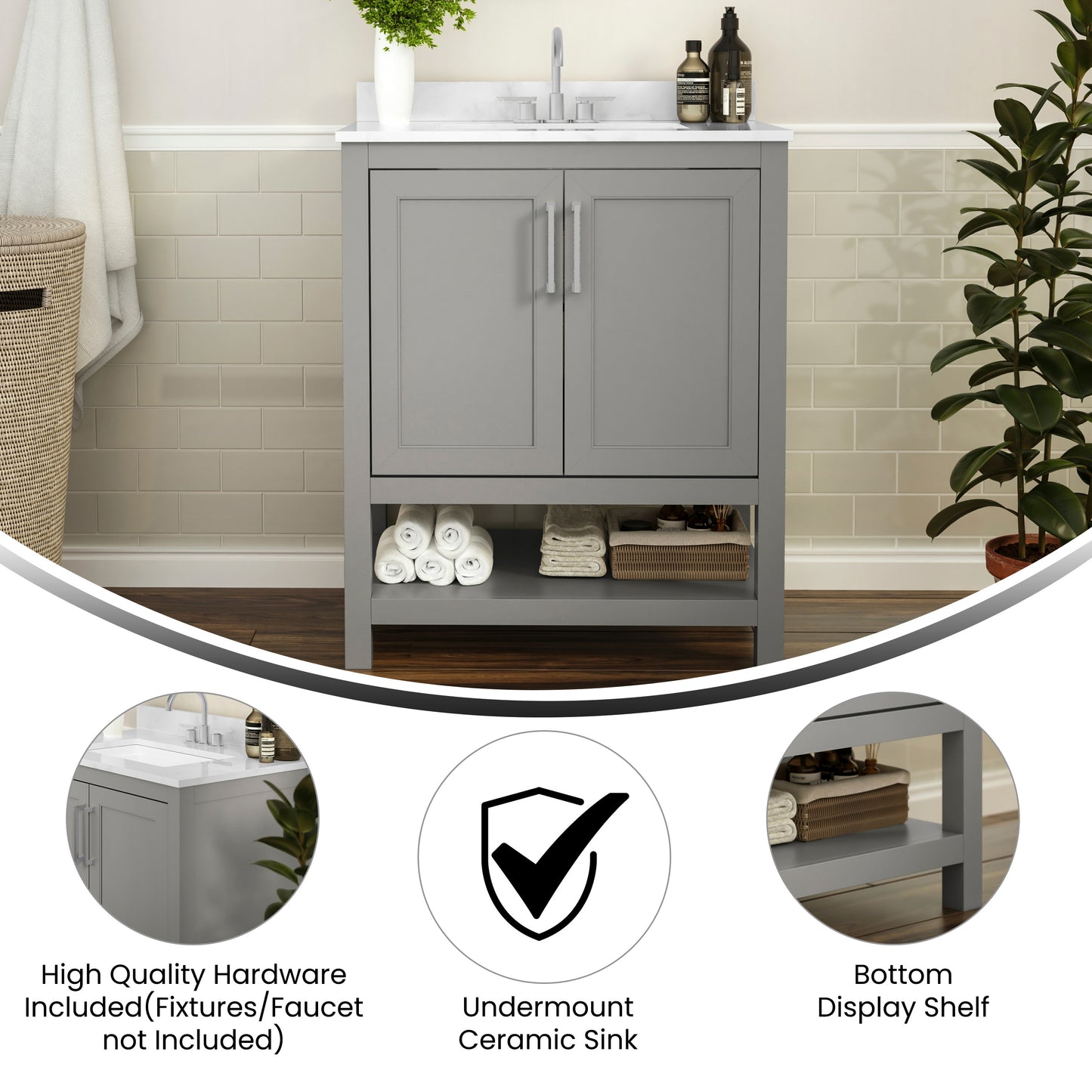 Vega 30 Inch Bathroom Vanity with Sink Combo, Storage Cabinet with Soft Close Doors and Open Shelf, Carrara Marble Finish Countertop, Gray/White Gray