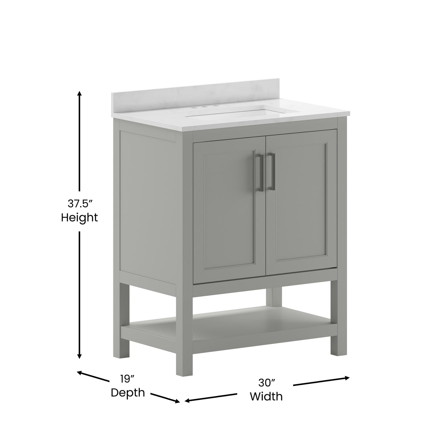 Vega 30 Inch Bathroom Vanity with Sink Combo, Storage Cabinet with Soft Close Doors and Open Shelf, Carrara Marble Finish Countertop, Gray/White Gray