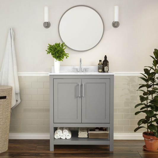 Vega 30 Inch Bathroom Vanity with Sink Combo, Storage Cabinet with Soft Close Doors and Open Shelf, Carrara Marble Finish Countertop, Gray/White Gray FS-VEGA30-GY-GG