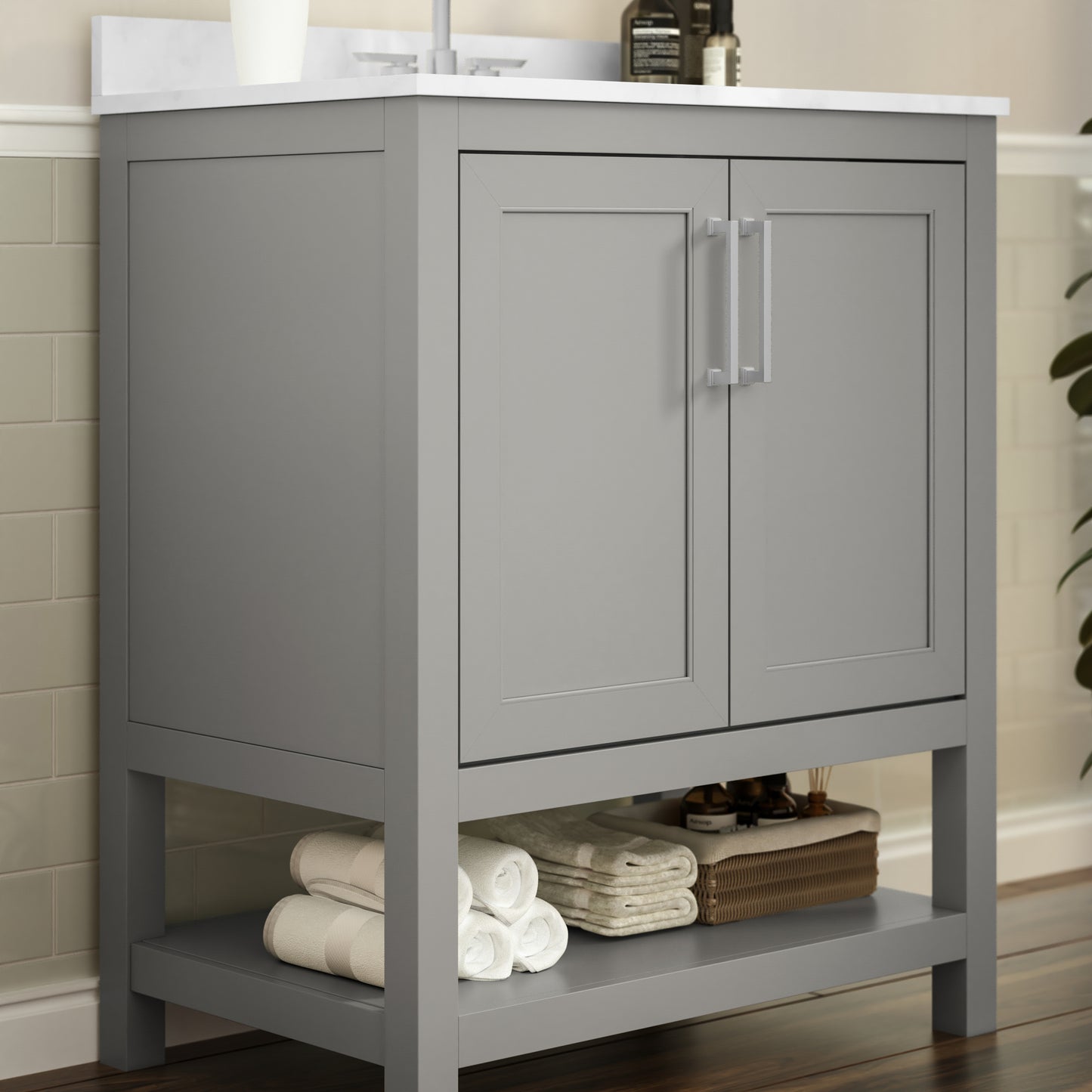 Vega 30 Inch Bathroom Vanity with Sink Combo, Storage Cabinet with Soft Close Doors and Open Shelf, Carrara Marble Finish Countertop, Gray/White Gray