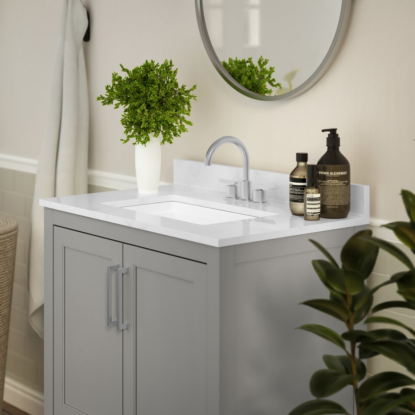 Vega 30 Inch Bathroom Vanity with Sink Combo, Storage Cabinet with Soft Close Doors and Open Shelf, Carrara Marble Finish Countertop, Gray/White Gray