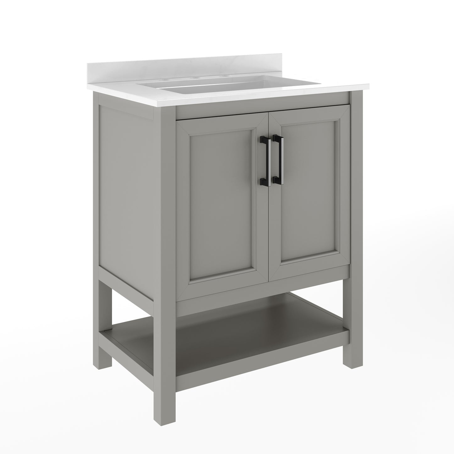 Vega 30" Bathroom Vanity with Sink, Storage Cabinet with Soft Close Doors & Open Shelf, Carrara Marble Finish Counter & Black Hardware, Gray/White Gray Frame/Black Hardware