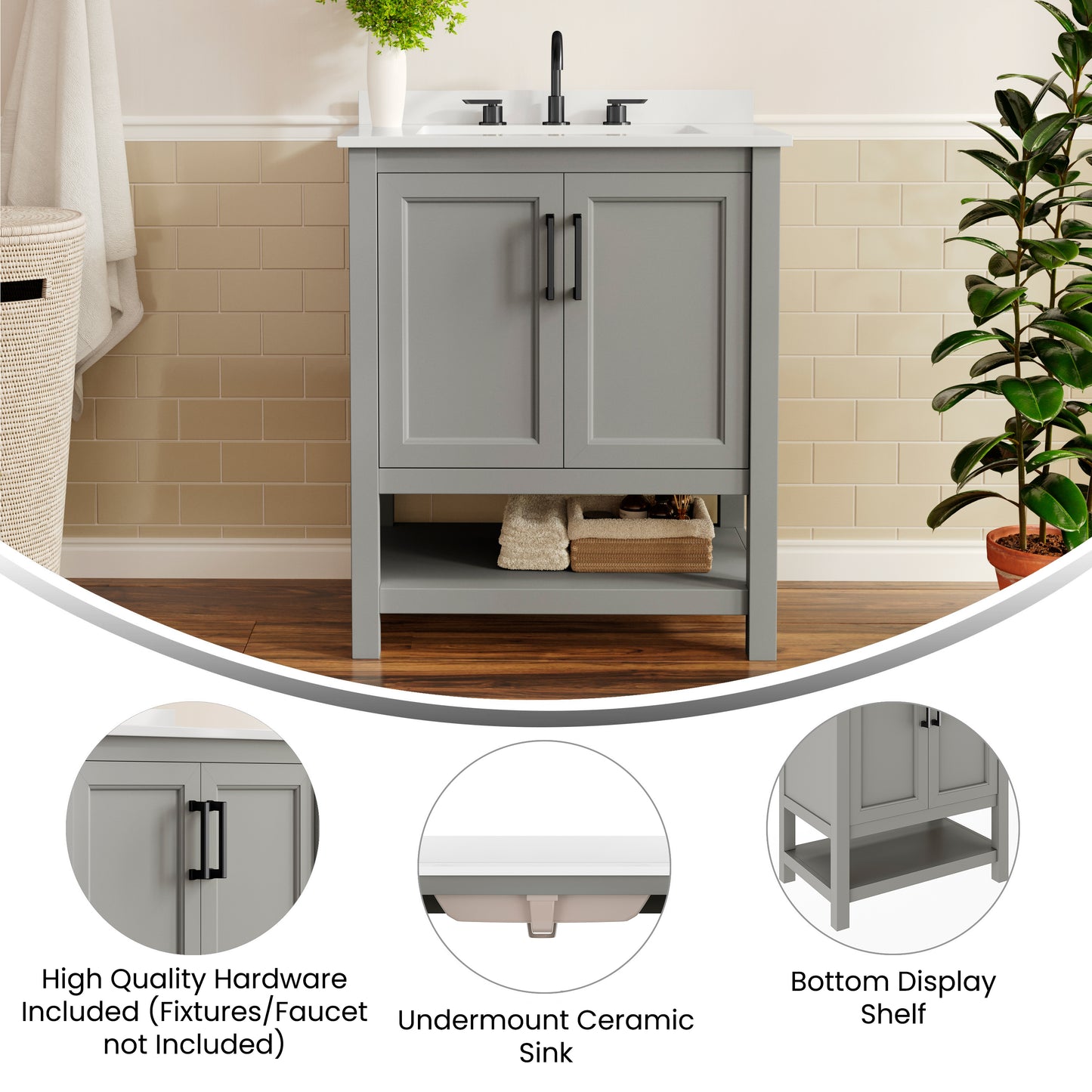 Vega 30" Bathroom Vanity with Sink, Storage Cabinet with Soft Close Doors & Open Shelf, Carrara Marble Finish Counter & Black Hardware, Gray/White Gray Frame/Black Hardware