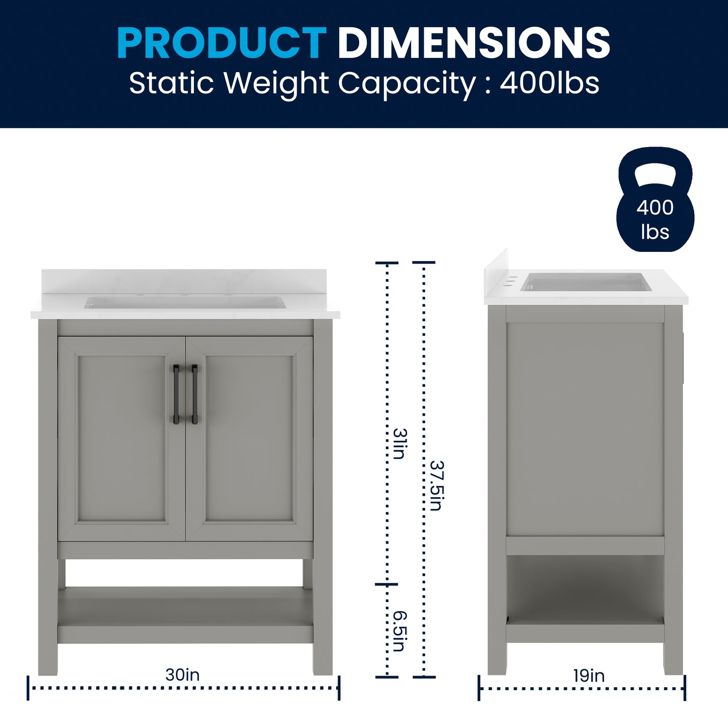 Vega 30" Bathroom Vanity with Sink, Storage Cabinet with Soft Close Doors & Open Shelf, Carrara Marble Finish Counter & Black Hardware, Gray/White Gray Frame/Black Hardware
