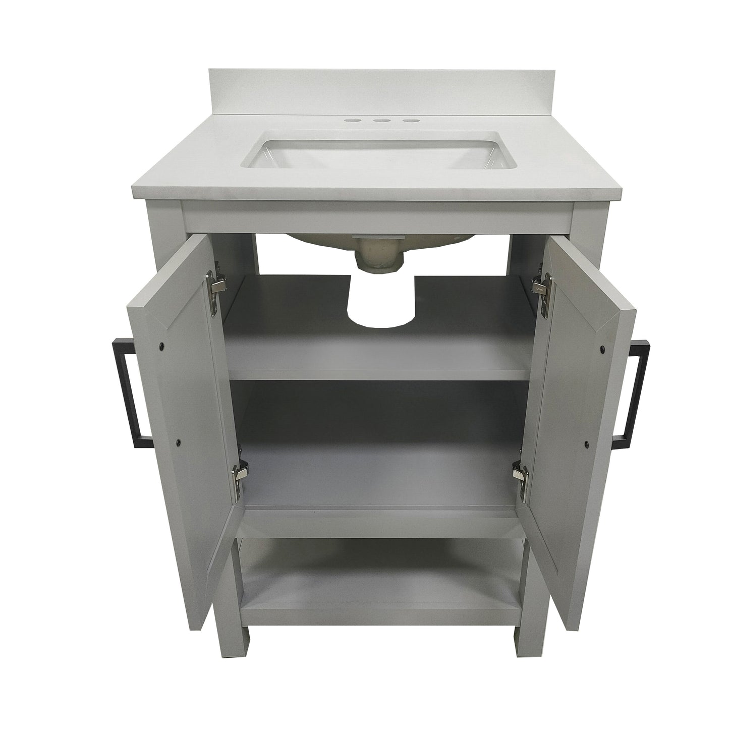 Vega 30" Bathroom Vanity with Sink, Storage Cabinet with Soft Close Doors & Open Shelf, Carrara Marble Finish Counter & Black Hardware, Gray/White Gray Frame/Black Hardware