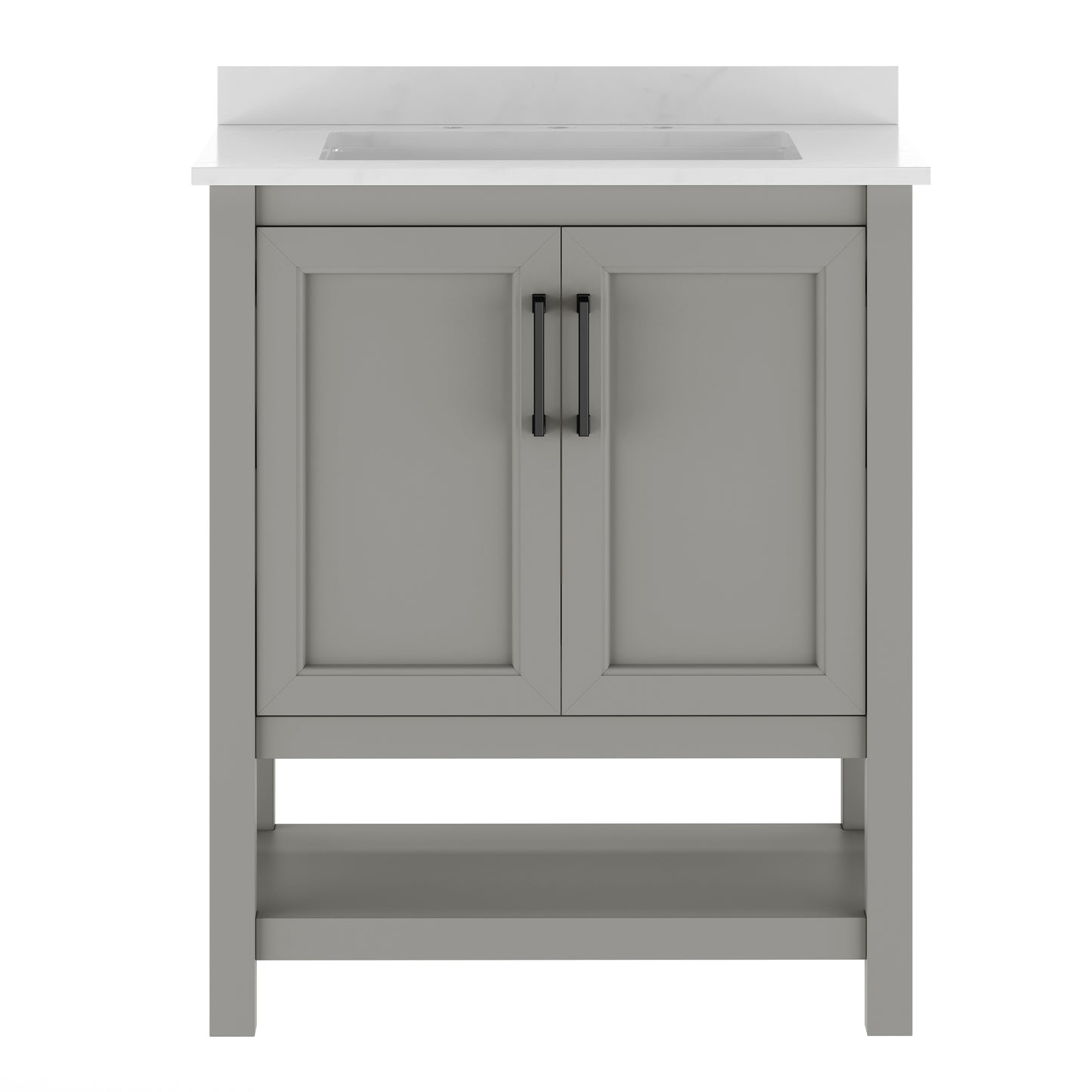 Vega 30" Bathroom Vanity with Sink, Storage Cabinet with Soft Close Doors & Open Shelf, Carrara Marble Finish Counter & Black Hardware, Gray/White Gray Frame/Black Hardware