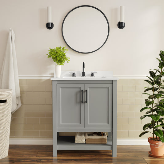 Vega 30" Bathroom Vanity with Sink, Storage Cabinet with Soft Close Doors & Open Shelf, Carrara Marble Finish Counter & Black Hardware, Gray/White Gray Frame/Black Hardware FS-VEGA30-GY-HDBLK-GG