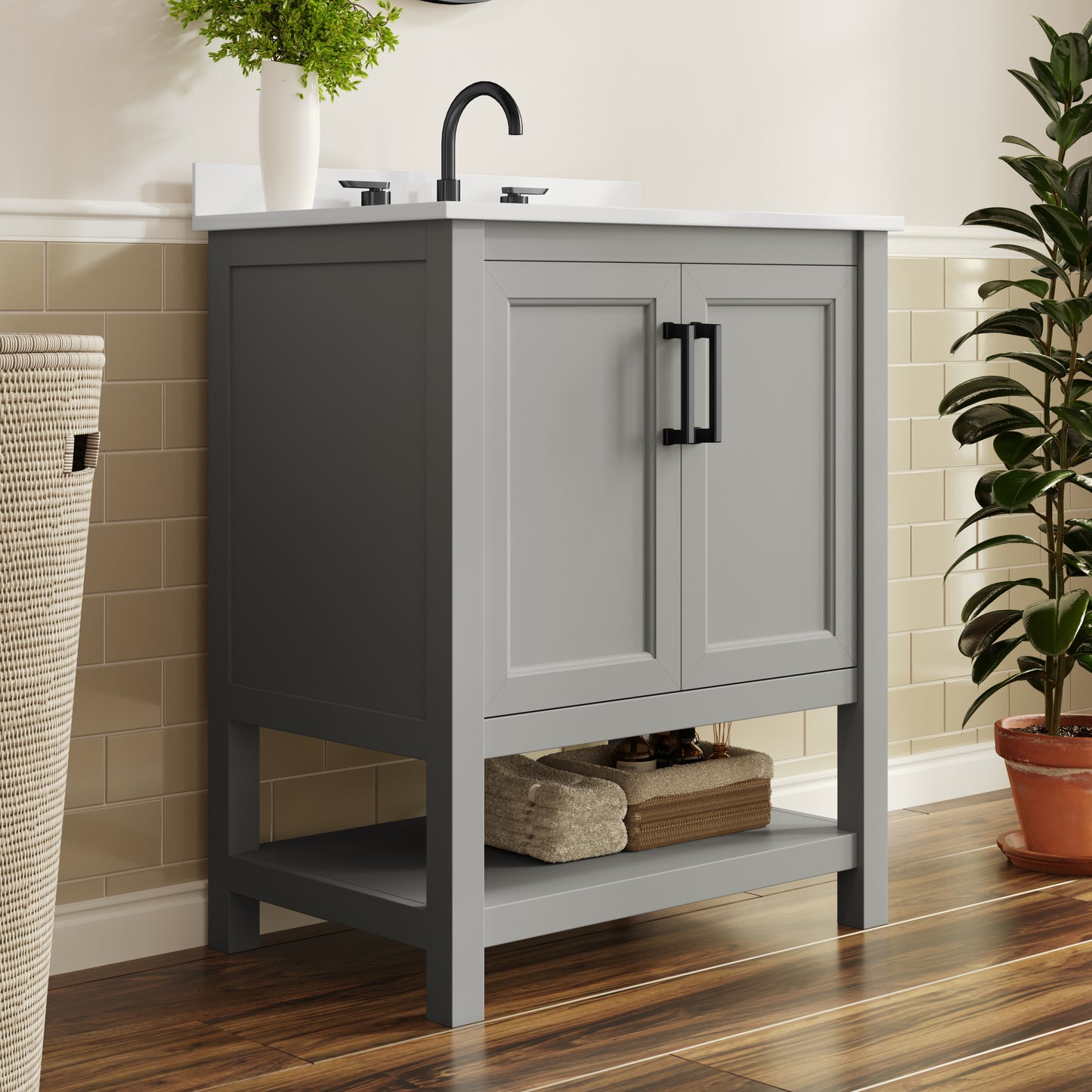 Vega 30" Bathroom Vanity with Sink, Storage Cabinet with Soft Close Doors & Open Shelf, Carrara Marble Finish Counter & Black Hardware, Gray/White Gray Frame/Black Hardware