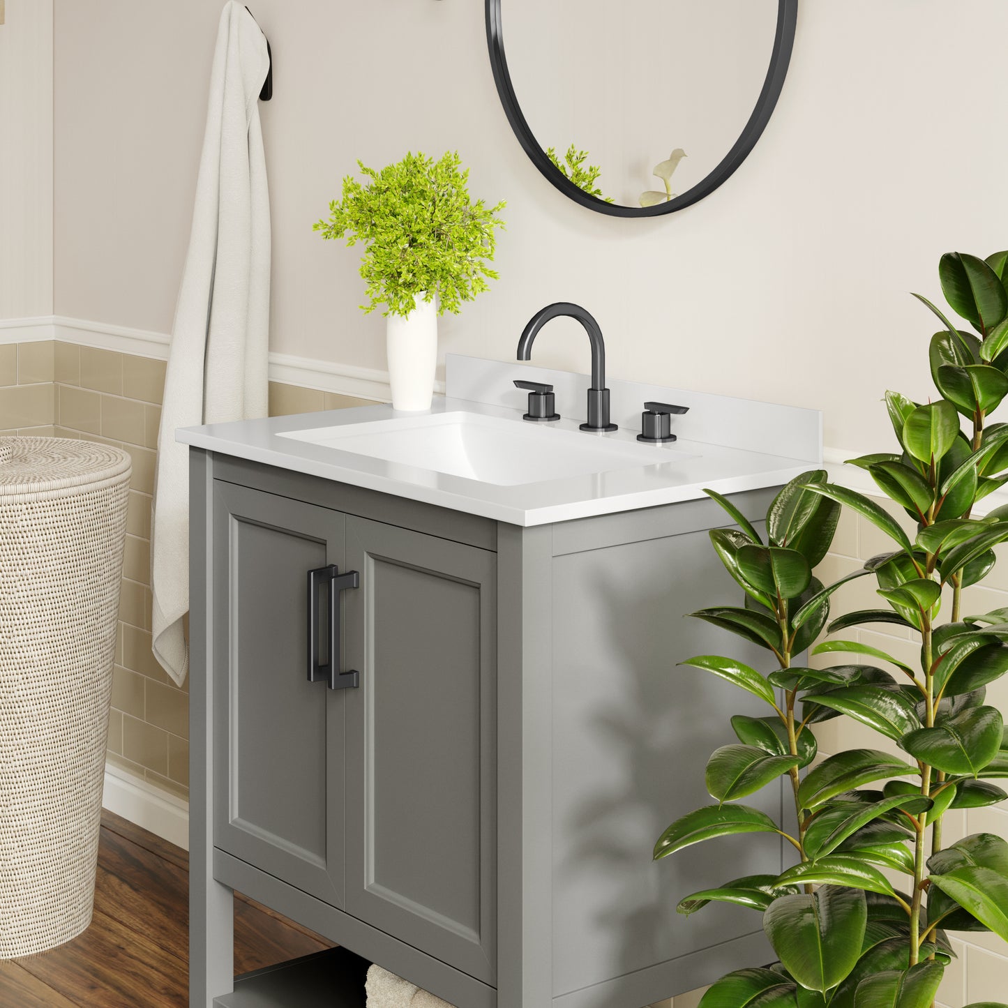 Vega 30" Bathroom Vanity with Sink, Storage Cabinet with Soft Close Doors & Open Shelf, Carrara Marble Finish Counter & Black Hardware, Gray/White Gray Frame/Black Hardware
