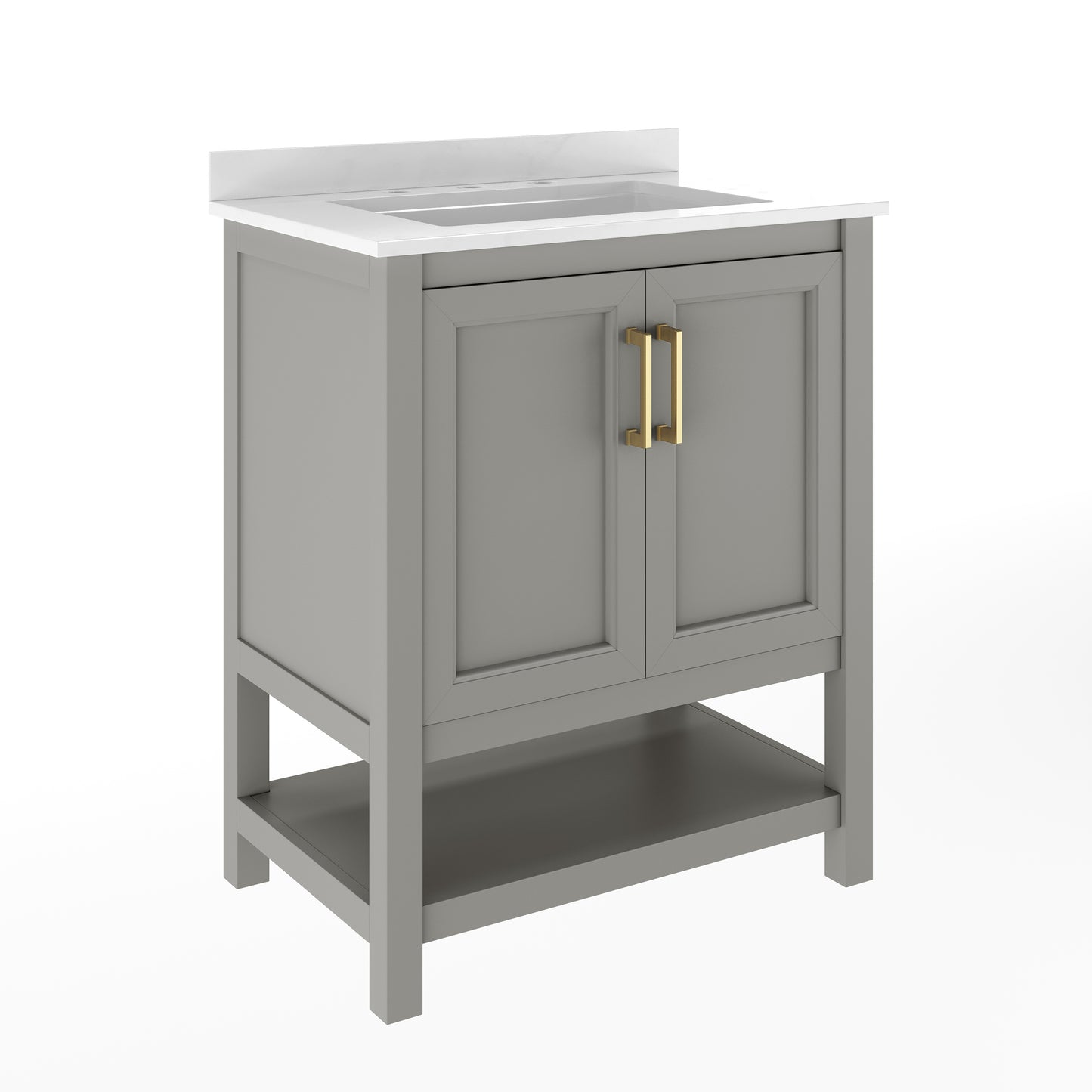 Vega 30" Bathroom Vanity with Sink, Storage Cabinet with Soft Close Doors & Open Shelf, Carrara Marble Finish Counter & Gold Hardware, Gray/White Gray Frame/Gold Hardware