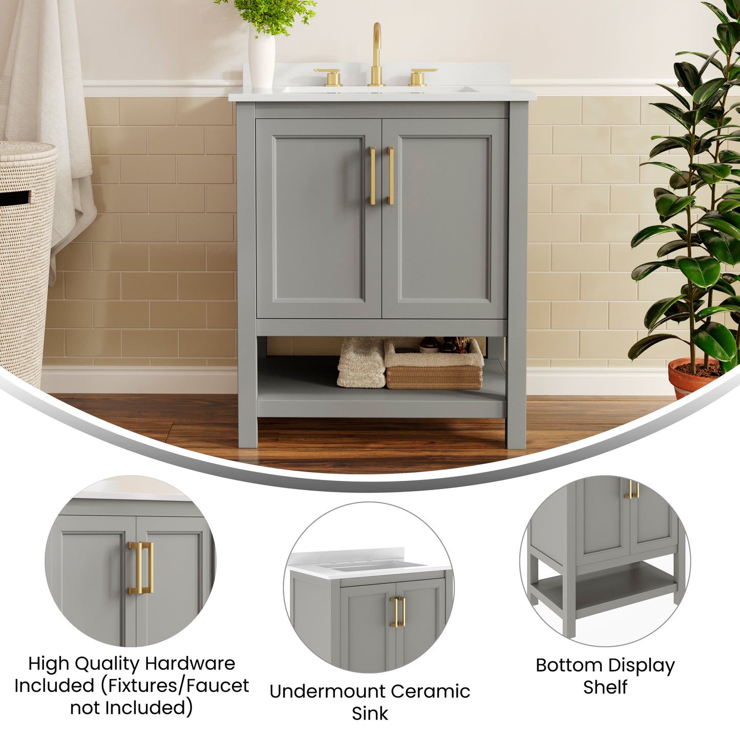 Vega 30" Bathroom Vanity with Sink, Storage Cabinet with Soft Close Doors & Open Shelf, Carrara Marble Finish Counter & Gold Hardware, Gray/White Gray Frame/Gold Hardware