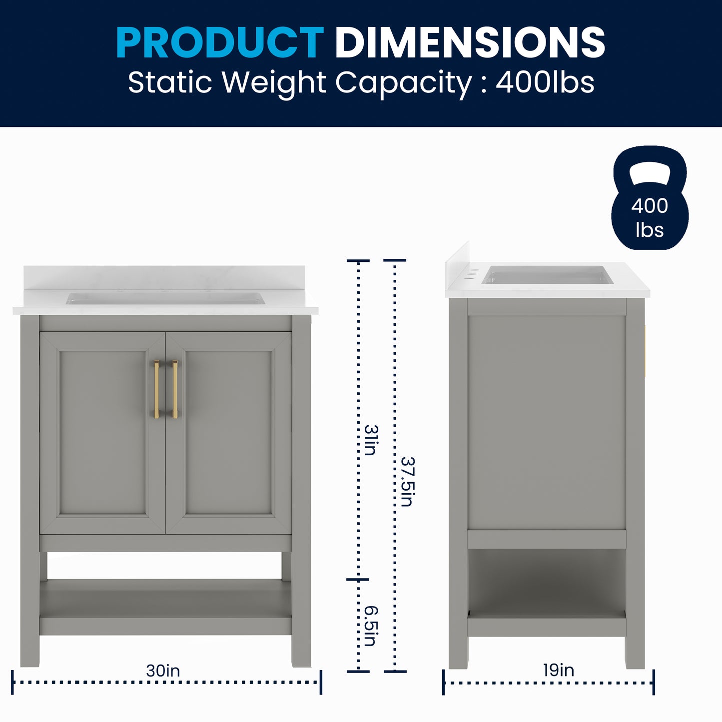 Vega 30" Bathroom Vanity with Sink, Storage Cabinet with Soft Close Doors & Open Shelf, Carrara Marble Finish Counter & Gold Hardware, Gray/White Gray Frame/Gold Hardware