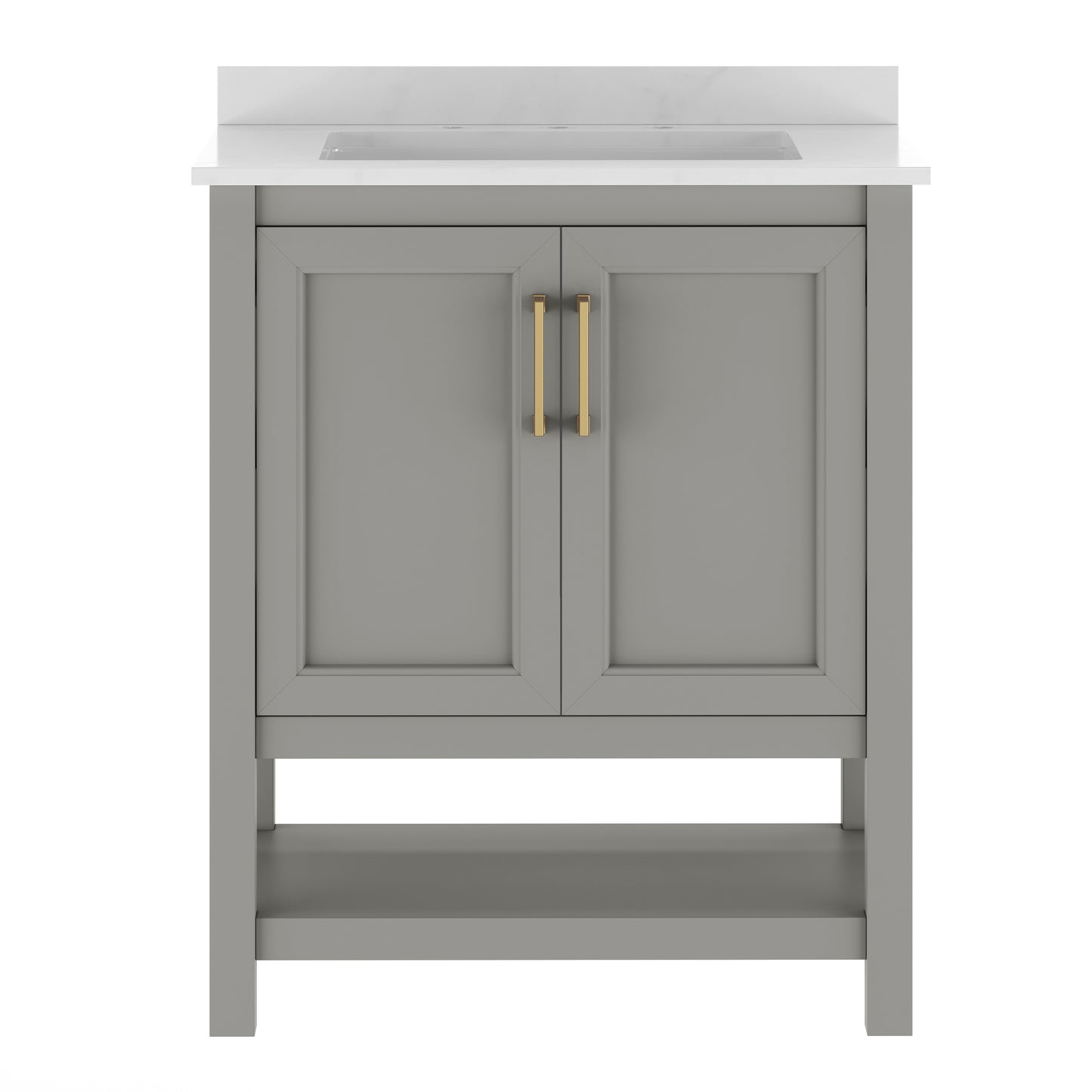 Vega 30" Bathroom Vanity with Sink, Storage Cabinet with Soft Close Doors & Open Shelf, Carrara Marble Finish Counter & Gold Hardware, Gray/White Gray Frame/Gold Hardware