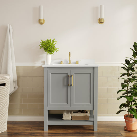 Vega 30" Bathroom Vanity with Sink, Storage Cabinet with Soft Close Doors & Open Shelf, Carrara Marble Finish Counter & Gold Hardware, Gray/White Gray Frame/Gold Hardware FS-VEGA30-GY-HDGLD-GG