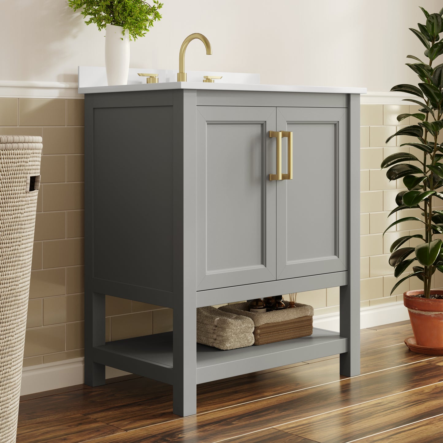 Vega 30" Bathroom Vanity with Sink, Storage Cabinet with Soft Close Doors & Open Shelf, Carrara Marble Finish Counter & Gold Hardware, Gray/White Gray Frame/Gold Hardware