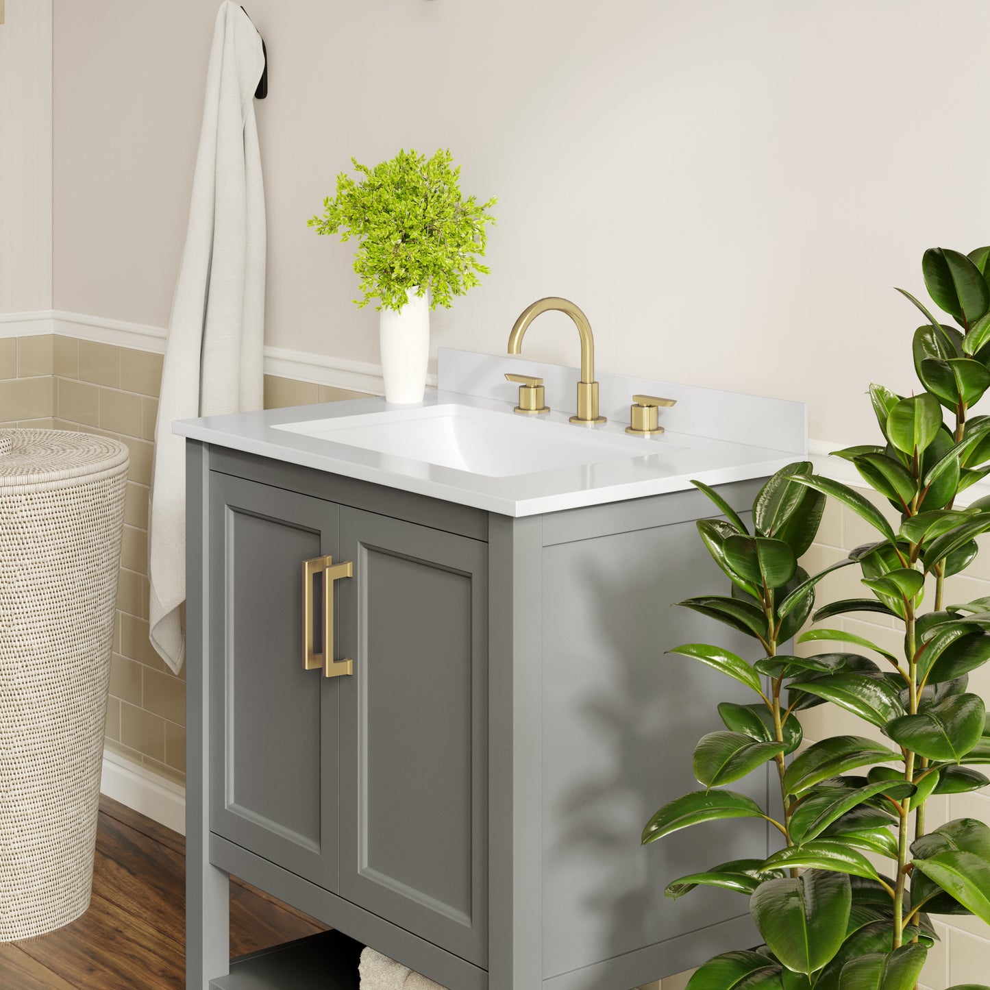 Vega 30" Bathroom Vanity with Sink, Storage Cabinet with Soft Close Doors & Open Shelf, Carrara Marble Finish Counter & Gold Hardware, Gray/White Gray Frame/Gold Hardware