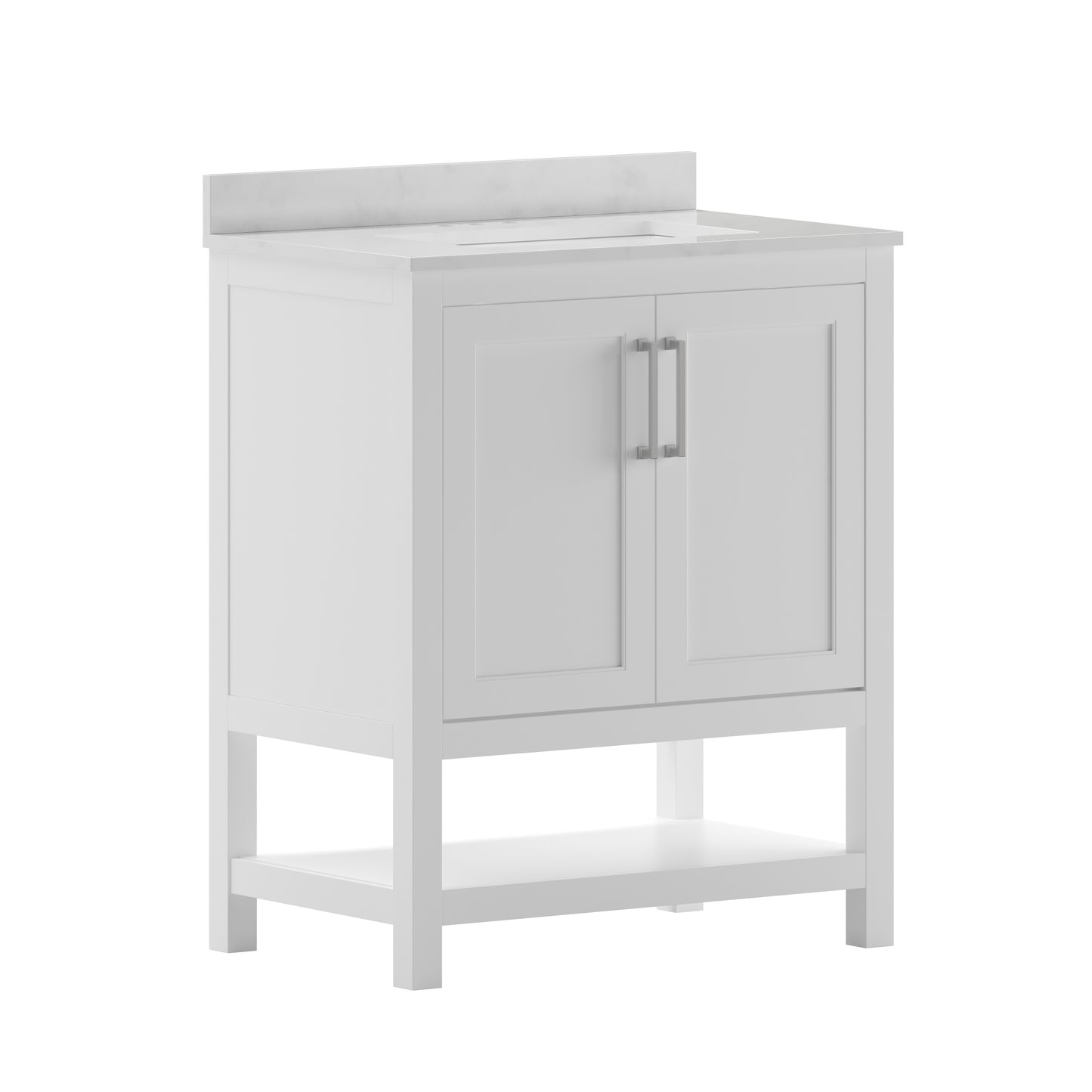 Vega 30 Inch Bathroom Vanity with Sink Combo, Storage Cabinet with Soft Close Doors and Open Shelf, Carrara Marble Finish Countertop, White/White White