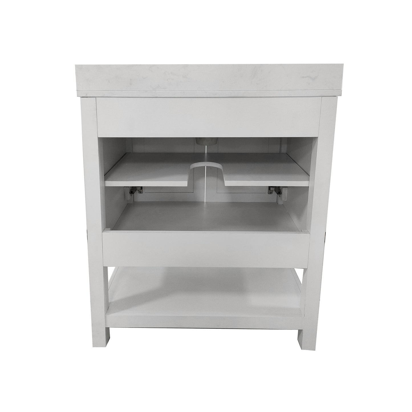 Vega 30 Inch Bathroom Vanity with Sink Combo, Storage Cabinet with Soft Close Doors and Open Shelf, Carrara Marble Finish Countertop, White/White White