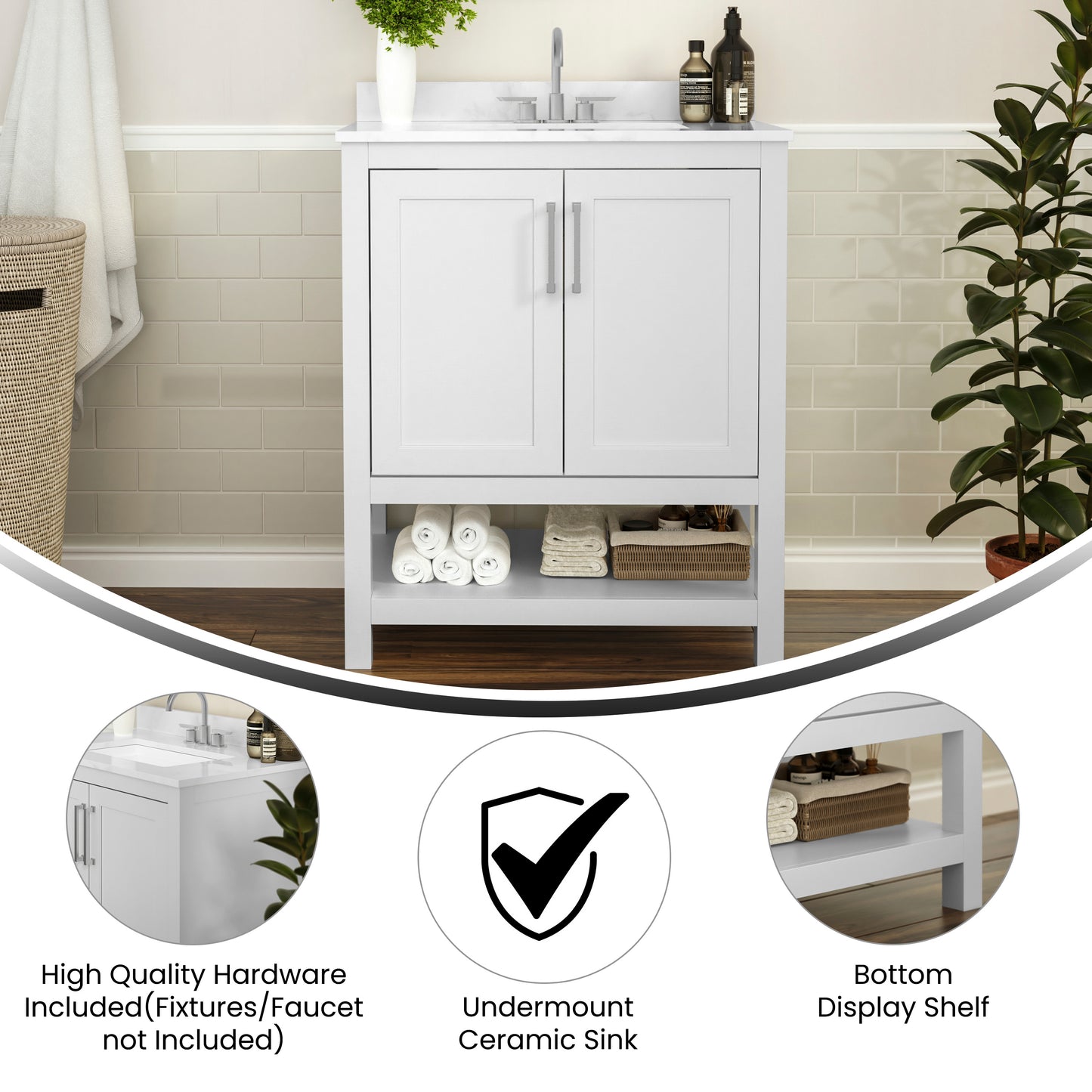 Vega 30 Inch Bathroom Vanity with Sink Combo, Storage Cabinet with Soft Close Doors and Open Shelf, Carrara Marble Finish Countertop, White/White White