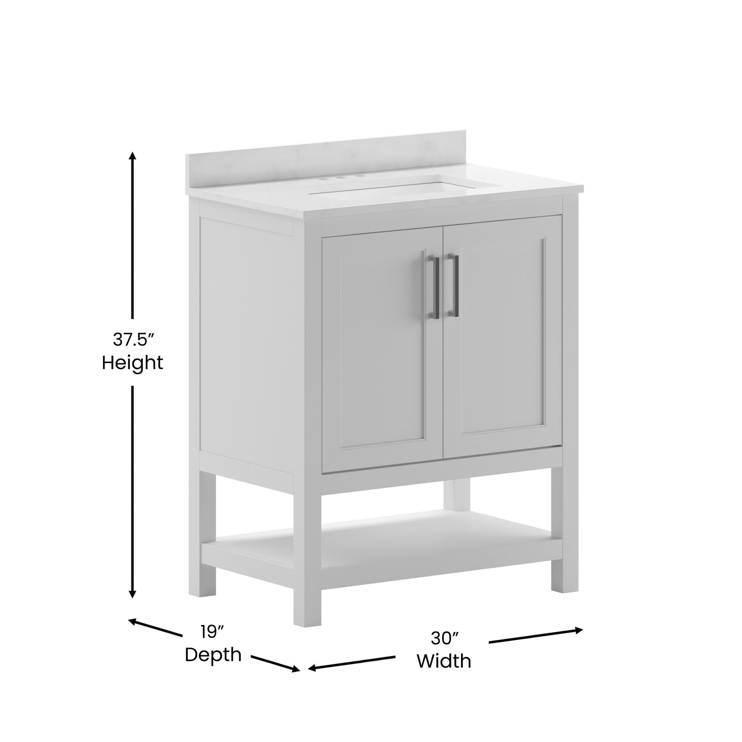 Vega 30 Inch Bathroom Vanity with Sink Combo, Storage Cabinet with Soft Close Doors and Open Shelf, Carrara Marble Finish Countertop, White/White White