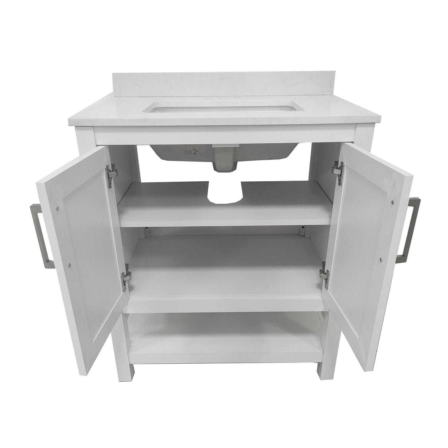 Vega 30 Inch Bathroom Vanity with Sink Combo, Storage Cabinet with Soft Close Doors and Open Shelf, Carrara Marble Finish Countertop, White/White White