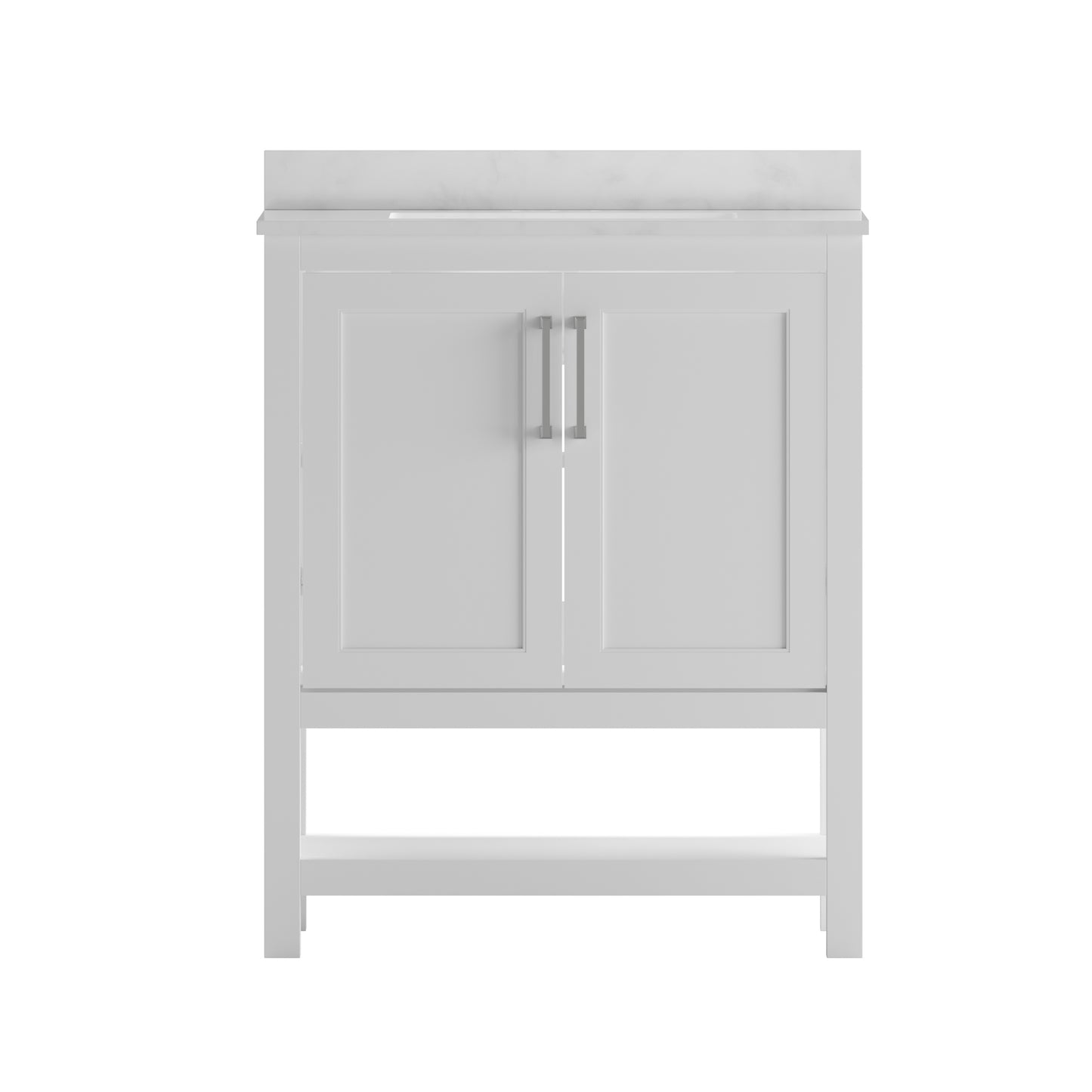 Vega 30 Inch Bathroom Vanity with Sink Combo, Storage Cabinet with Soft Close Doors and Open Shelf, Carrara Marble Finish Countertop, White/White White