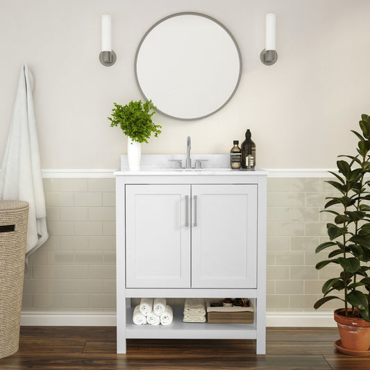 Vega 30 Inch Bathroom Vanity with Sink Combo, Storage Cabinet with Soft Close Doors and Open Shelf, Carrara Marble Finish Countertop, White/White White FS-VEGA30-WH-GG