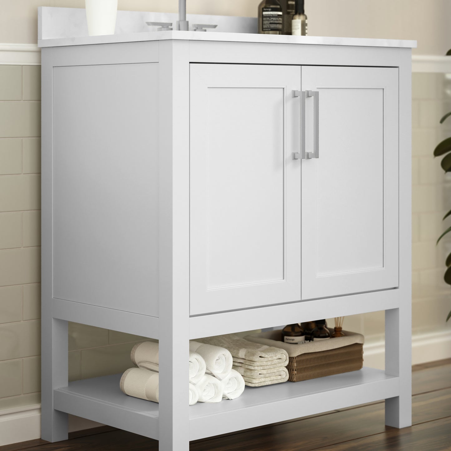 Vega 30 Inch Bathroom Vanity with Sink Combo, Storage Cabinet with Soft Close Doors and Open Shelf, Carrara Marble Finish Countertop, White/White White