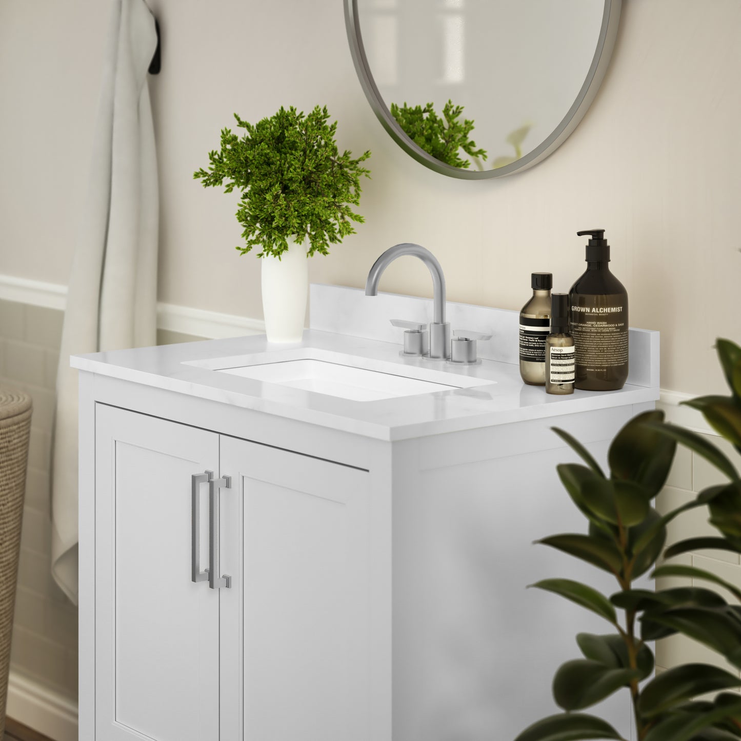 Vega 30 Inch Bathroom Vanity with Sink Combo, Storage Cabinet with Soft Close Doors and Open Shelf, Carrara Marble Finish Countertop, White/White White