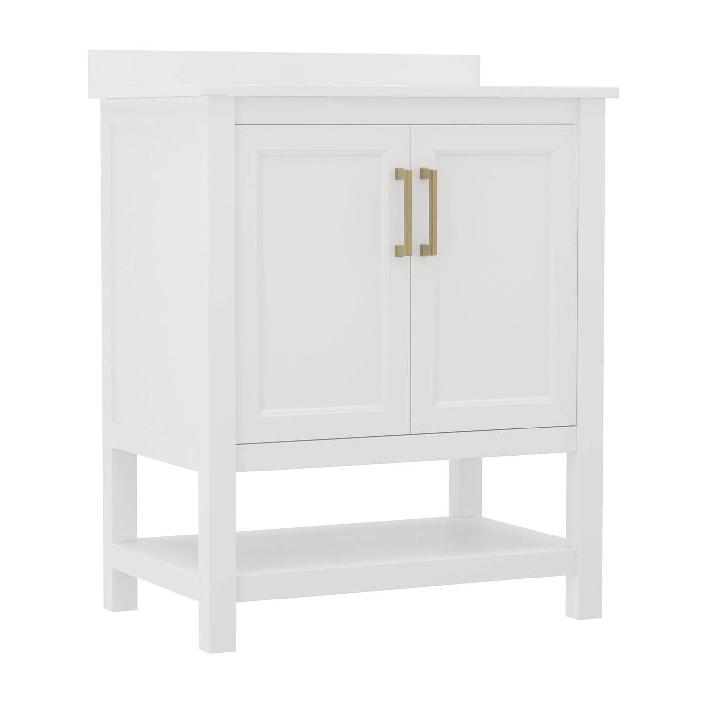 Vega 30 Inch Bathroom Vanity with Sink Combo, Storage Cabinet with Soft Close Doors and Open Shelf, Carrara Marble Finish Countertop, White/Gold White Frame/Gold Hardware