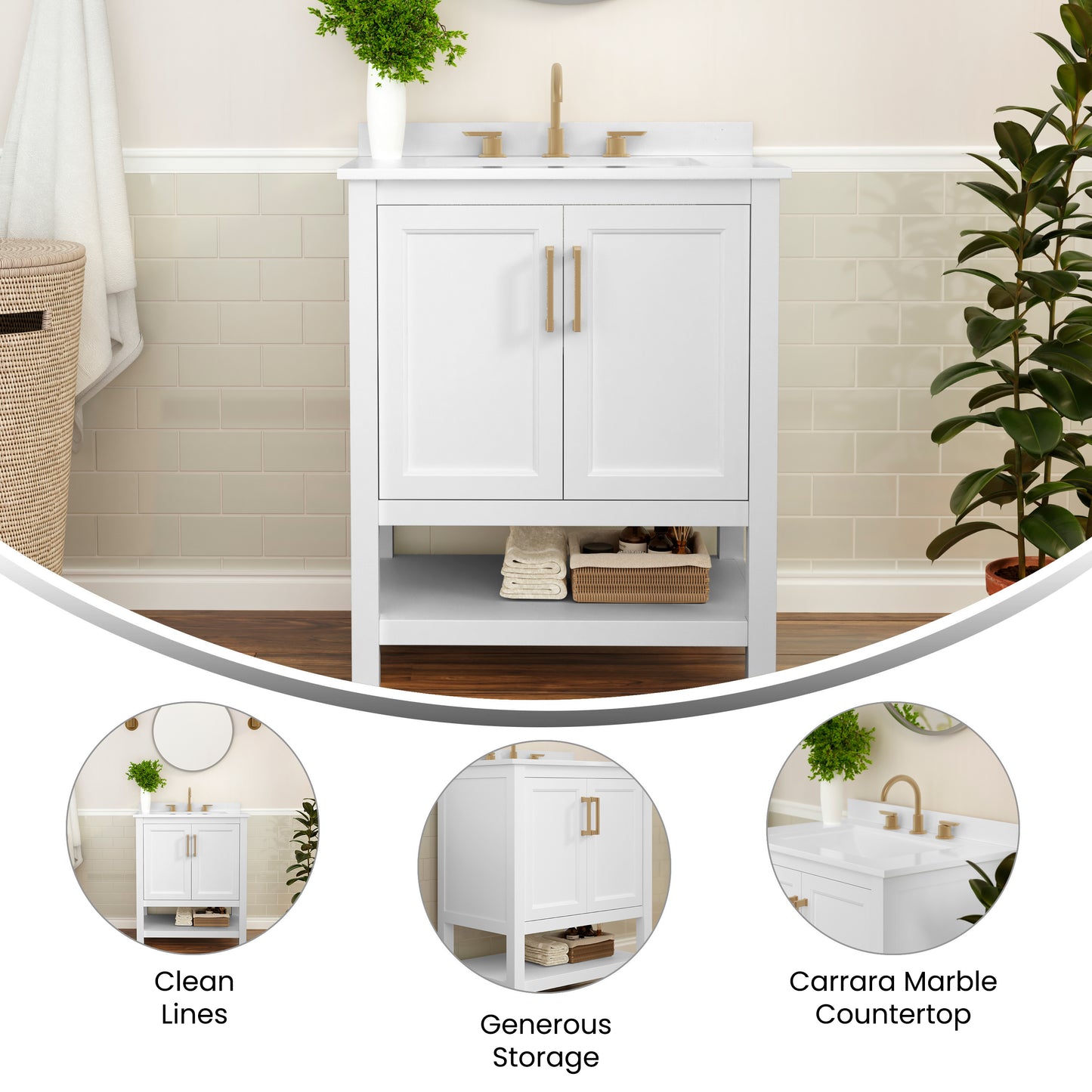 Vega 30 Inch Bathroom Vanity with Sink Combo, Storage Cabinet with Soft Close Doors and Open Shelf, Carrara Marble Finish Countertop, White/Gold White Frame/Gold Hardware