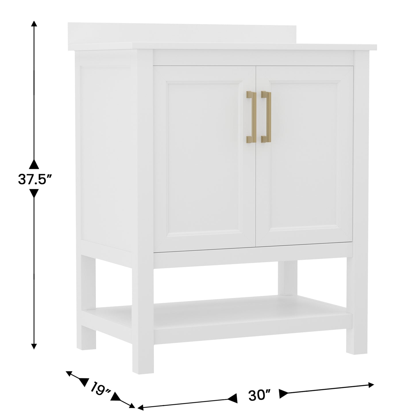 Vega 30 Inch Bathroom Vanity with Sink Combo, Storage Cabinet with Soft Close Doors and Open Shelf, Carrara Marble Finish Countertop, White/Gold White Frame/Gold Hardware