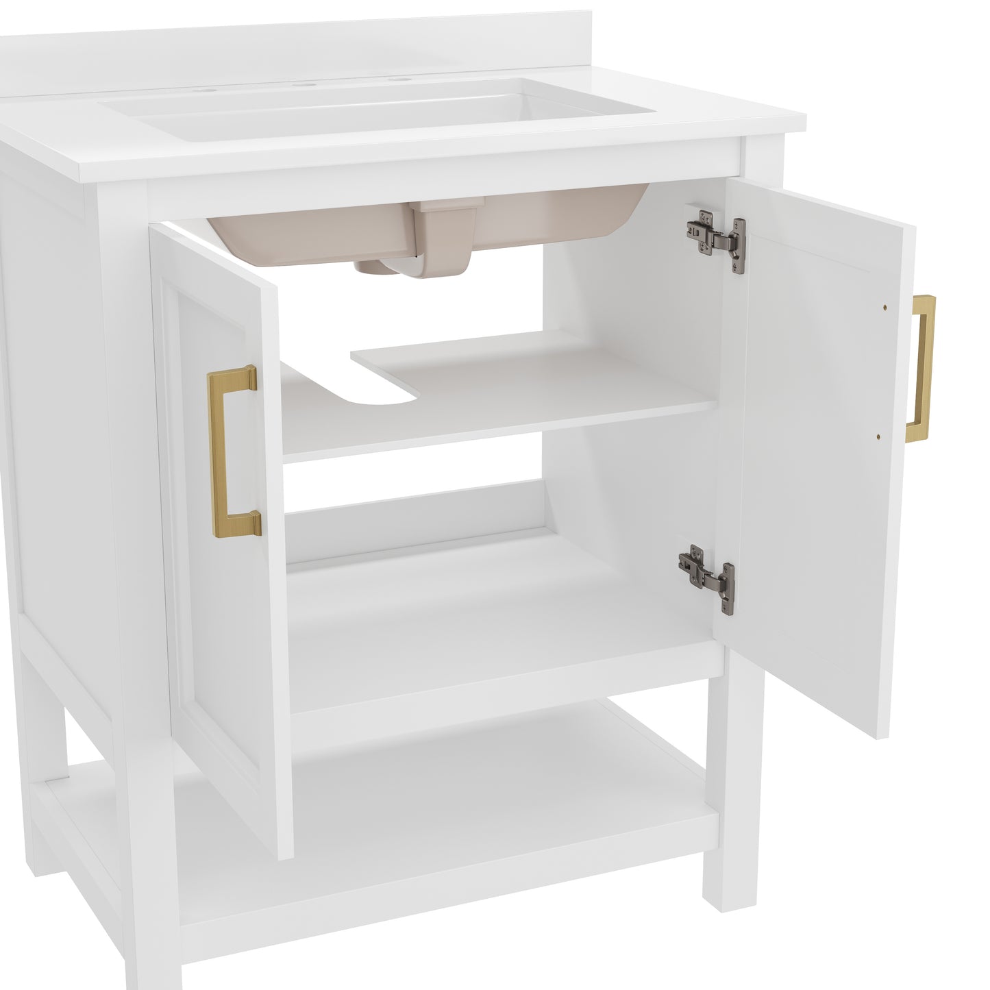Vega 30 Inch Bathroom Vanity with Sink Combo, Storage Cabinet with Soft Close Doors and Open Shelf, Carrara Marble Finish Countertop, White/Gold White Frame/Gold Hardware