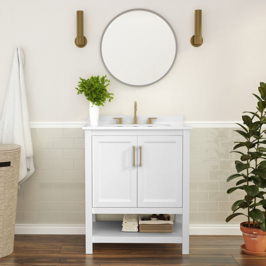 Vega 30 Inch Bathroom Vanity with Sink Combo, Storage Cabinet with Soft Close Doors and Open Shelf, Carrara Marble Finish Countertop, White/Gold White Frame/Gold Hardware FS-VEGA30-WH-GLD-GG