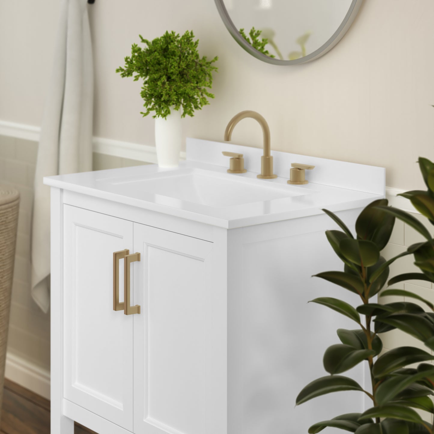 Vega 30 Inch Bathroom Vanity with Sink Combo, Storage Cabinet with Soft Close Doors and Open Shelf, Carrara Marble Finish Countertop, White/Gold White Frame/Gold Hardware