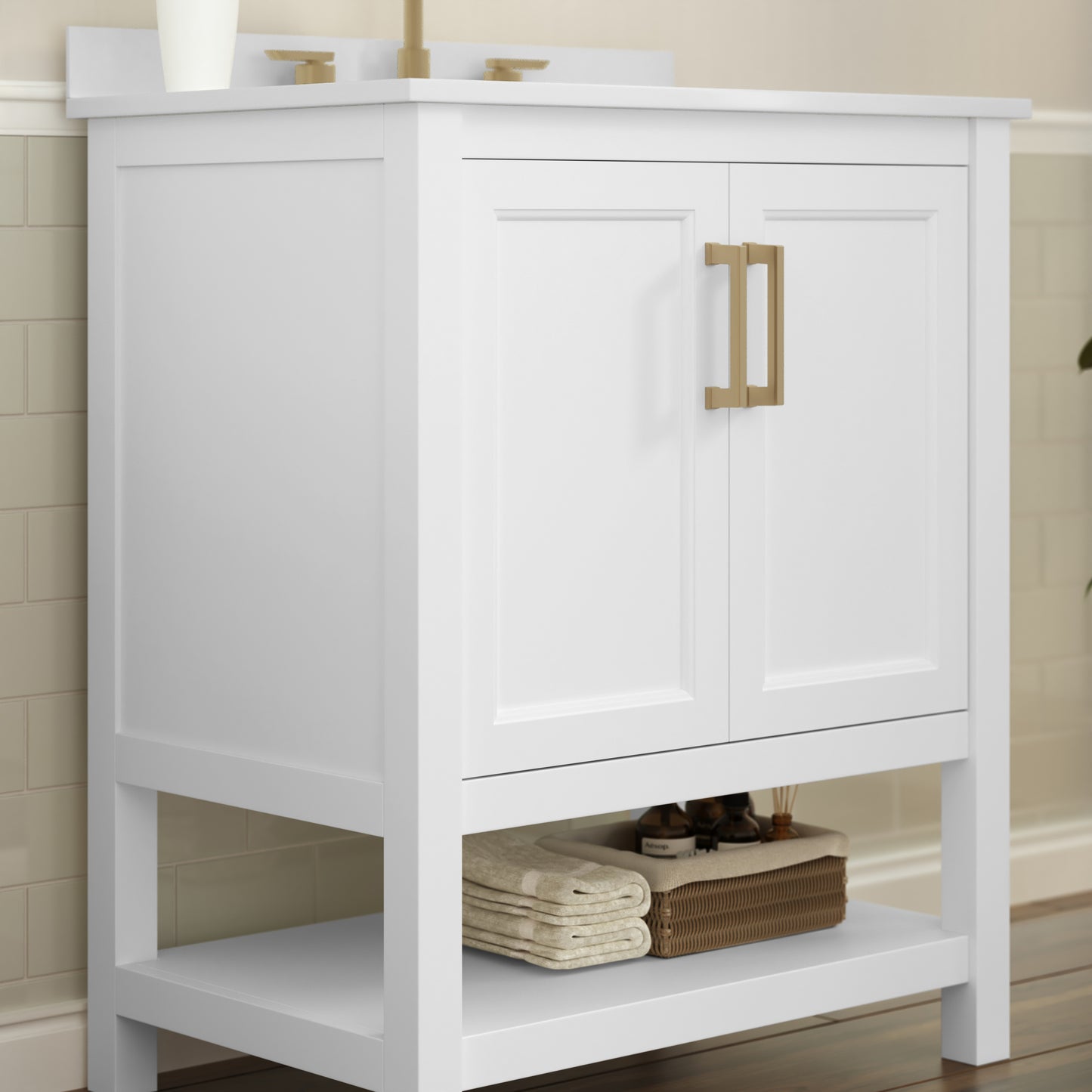 Vega 30 Inch Bathroom Vanity with Sink Combo, Storage Cabinet with Soft Close Doors and Open Shelf, Carrara Marble Finish Countertop, White/Gold White Frame/Gold Hardware