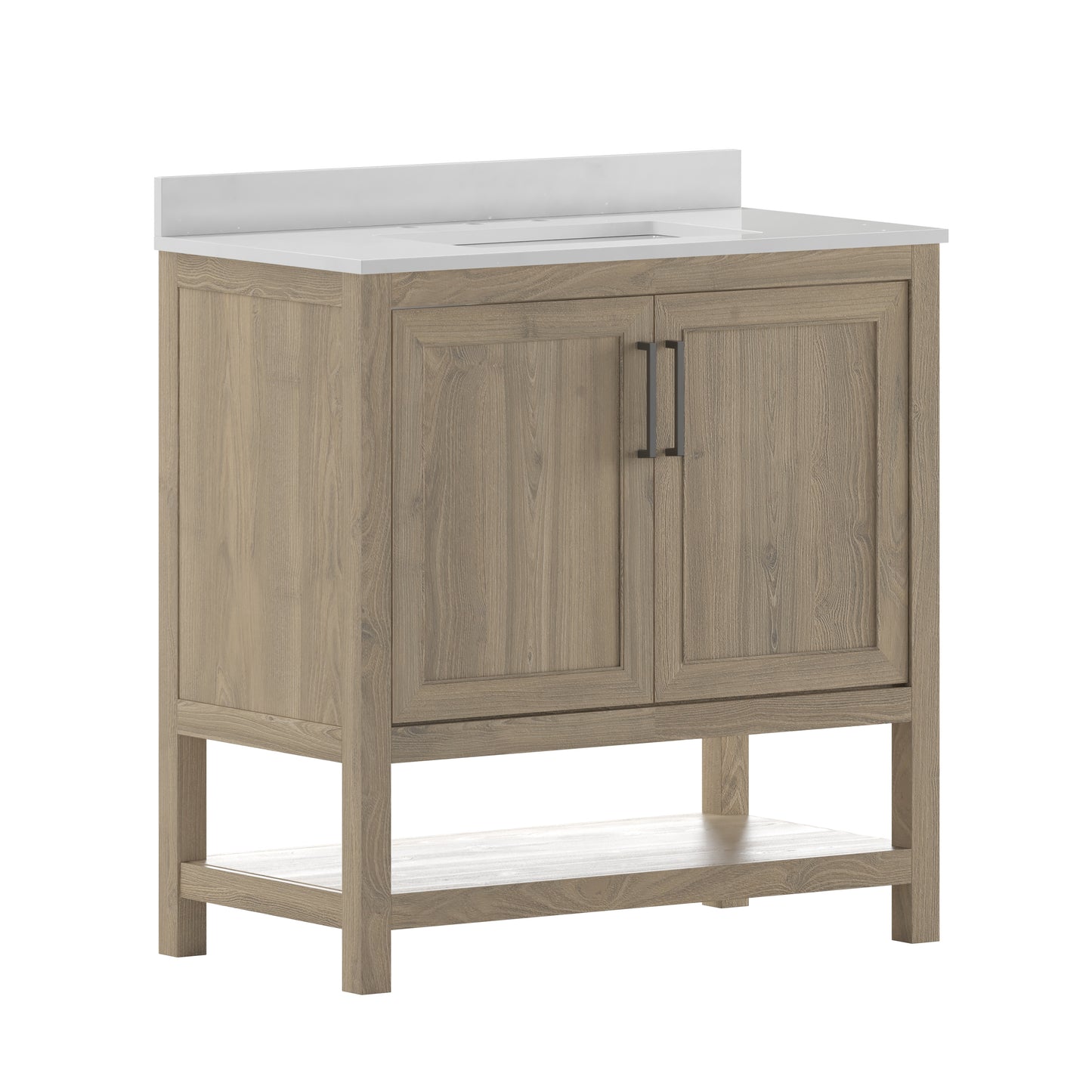 Vega 36 Inch Bathroom Vanity with Sink Combo, Storage Cabinet with Soft Close Doors and Open Shelf, Carrara Marble Finish Countertop, Brown/White Brown