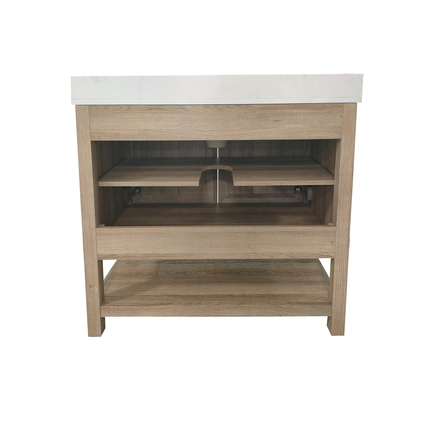 Vega 36 Inch Bathroom Vanity with Sink Combo, Storage Cabinet with Soft Close Doors and Open Shelf, Carrara Marble Finish Countertop, Brown/White Brown